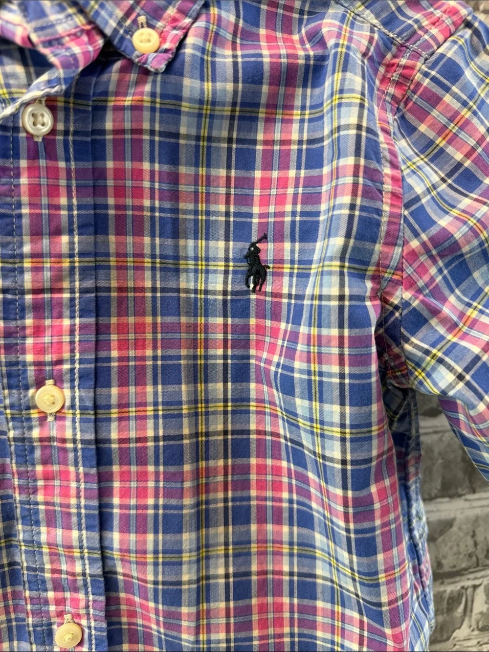 Boy's Ralph Lauren Short Sleeve Plaid Button-Down Shirt - Blue & Pink‎